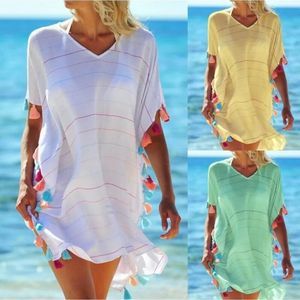 Women Tassel Dress Summer V Neck Ladies Blouse Shirt Swimming Tops Striped Bikin